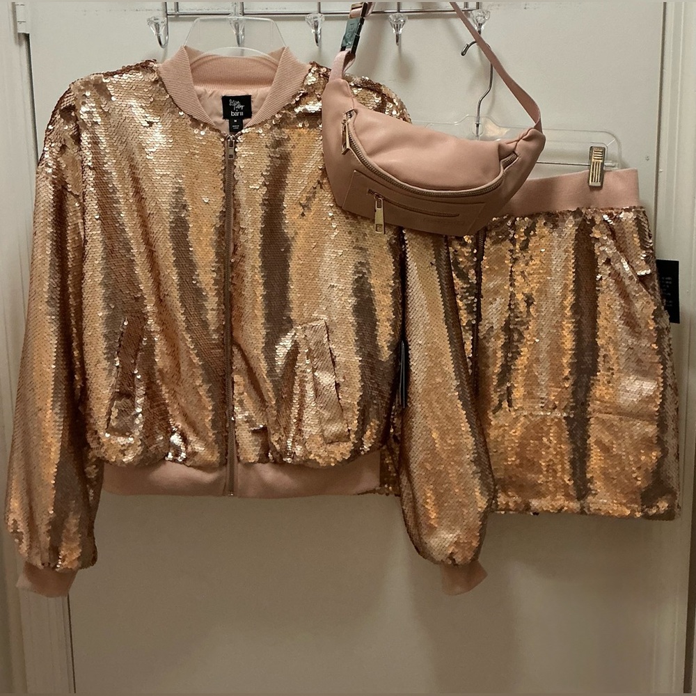 Bar III Shimmering Bomber Jacket, skirt, and bag in Rose Gold - New with Tags